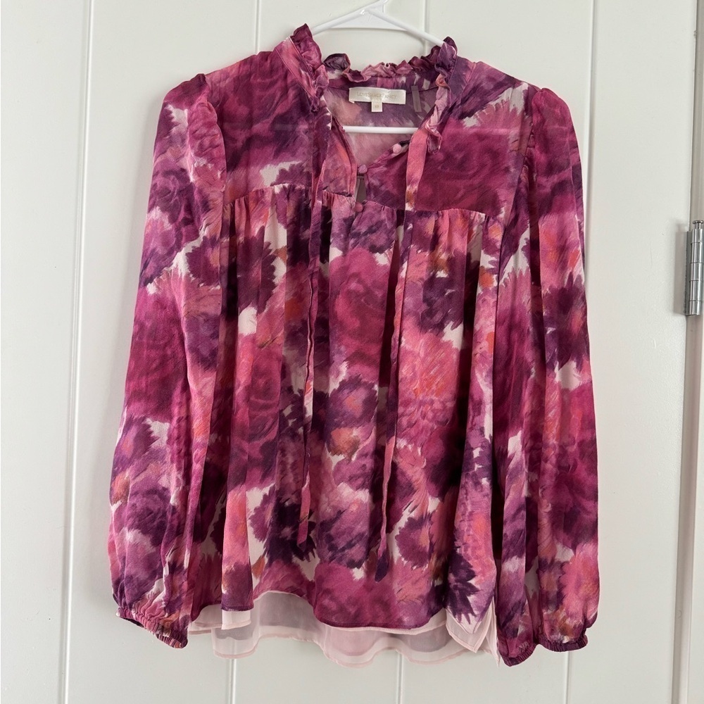 LoveShackFancy Gamela Blouse Top Tie Neck Silk Pre-dawn Sky Pink Medium - Picture 4 of 8